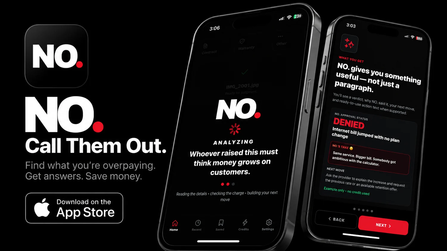Official NO. Call Them Out promotional image showing the bill analyzer app on iPhones