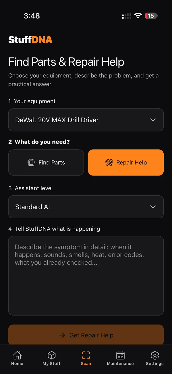 StuffDNA repair assistant screenshot